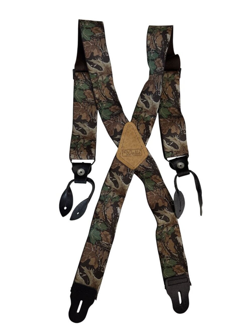 Walls Mens Camo Suspenders 2" Wide Adjustable Elastic Straps Leather Trim